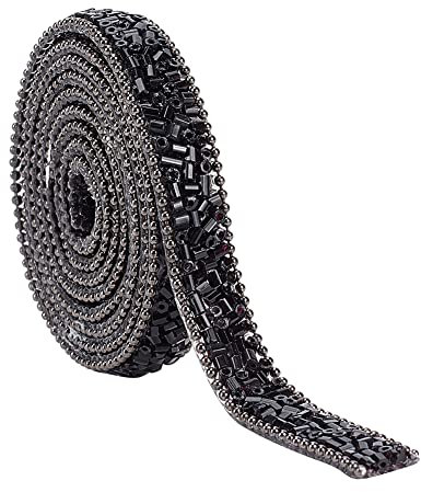 NBEADS 1 Yard Strass Trim Hotfix Band, 10mm breit Beschnitt Applikation Nähschnitt Strass Klebeband mit Glasrohrperlen für DIY Hochzeit Kostüm Gürtel Dekor, Schwarz