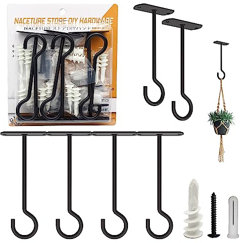 NACETURE Ceiling Hooks Heavy Duty - Plant Hooks for Ceiling Hanging Hooks for Hanging Basket Hooks Light Bird Feeder Wind Chimes Indoor Outdoor Decoration (Schwarz, 6er-Set, 5 Zoll)