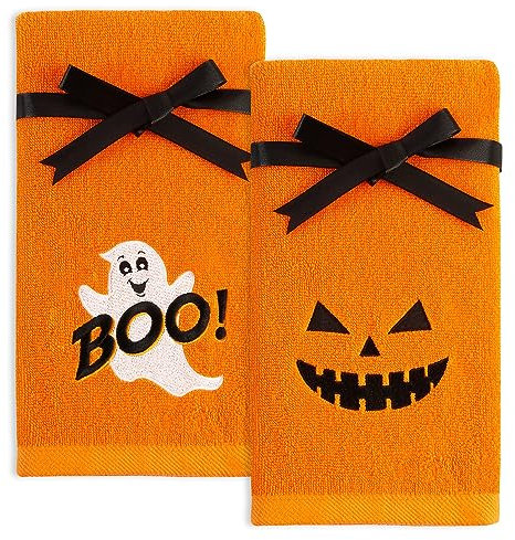 Quera Halloween-Handtücher, 100 % Baumwolle, bestickt, Premium-Luxus-Dekor, Badezimmer, dekorative Geschirrtücher, Set zum Trocknen, Reinigen, Kochen, Urlaubstücher, Geschenk-Set (Geist, Orange)