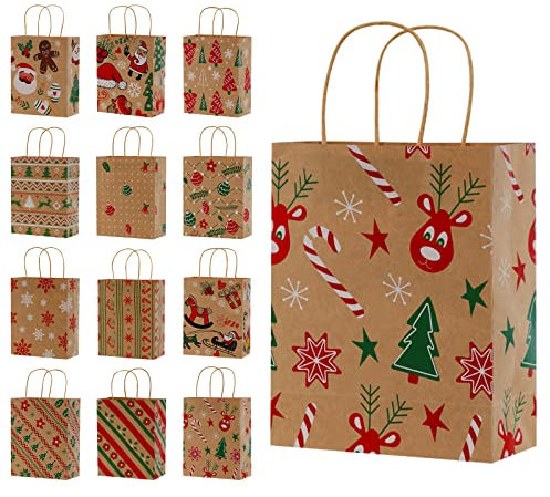 Jinlaili 12Stk Geschenktüten Weihnachten, Papiertüten Weihnachts, Kraftpapier Geschenktüten, Klein Papiertüten mit Henkel, Süßigkeiten Tüten, Geschenktüten für Weihnachts Geschenk Partyzubehör (A)
