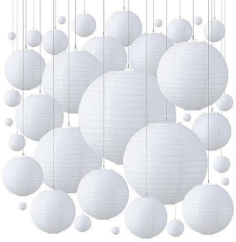 HASMI Runde Papierlaterne 50 Stück 10,2–35,6 cm große weiße Papierlaternen, Hochzeitsdekorationen, japanische Laternen, hängende chinesische Lampion-Party-Dekoration Hängende Dekorationen