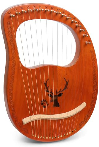 LOMUTY Lyre Harfe, Kleine Harfe Instrument, 16 Saiten Lyre Harfe, Mahagoni-Laugenharfe mit Metall Saiten Tragbare Harfe im Antiken Stil mit Stimmschlüssel und Tragetasche, Braun, Elch-Muster