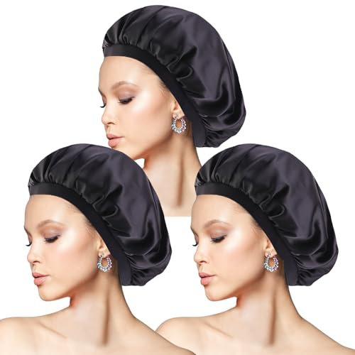 3 Stück Seidenhaube zum Schlafen, Schlafhaube Seide Verstellbare Satin Haarhaube Atmungsaktive Haarhaube für die Nacht Weiche Silk Bonnet Schlafmütze für Damen und Mädchen (Schwarz)