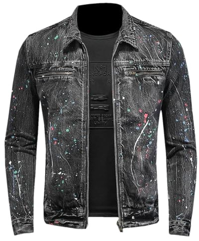 Patchwork Denim Vestes Slim Fit Treillis Jean Veste en Jean Hommes Zippers Poches Manteaux, Vintage Noir 2, XXL
