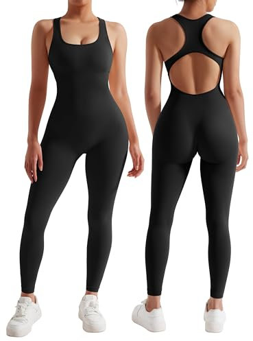 RXRXCOCO Gerippte Ärmellos Jumpsuits Damen Lang Eng Tank Rückenfreie Padded Einteiler Bauchweg Sport Yoga Overall Romper Schwarz L