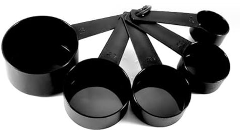 Tazas medidoras de plástico y cucharas medidoras negras para hornear y cocina (5 tazas medidoras)