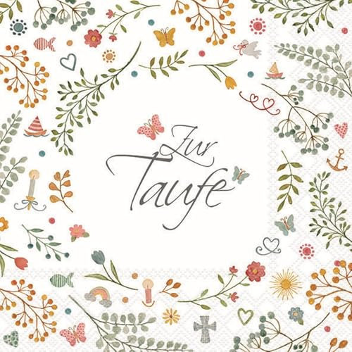 Servietten ZUR Taufe mit Kreuz, Eukalyptus, Blumen, Tauben, Regenbogen & Christen-Fisch Mehrfarbig Tisch-Deko Taufe für Mädchen & Jungen 40 Servietten