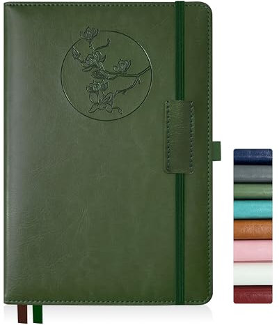 Qefuna Notebook Journal für Frauen Männer, 256 Seiten A5 Hardcover Leder Journaling Notizbücher für die Arbeit, liniertes Journal/Notizbuch mit 100Gsm Papier, Stifthalter 5.8×8.4 (Grün)