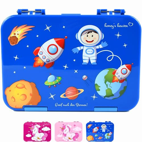 Honey's Heaven® Brotdose Kinder mit Fächern - Bento Box auslaufsicher - Lunchbox für Schule, Kindergarten & Ausflüge - Brotbox für Mädchen & Jungen, Jausenbox, Vesperbox, Snackbox (Astronaut blau)