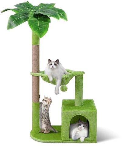 Zvonema Kratzbaum, Katzenbaum 110 cm hoch, Katzenkratzbaum mit 21,5 cm Dicke Sisal-Seil Kratzsäulen, 1 Höhle, Korb Plüsch, Stabiler Katzenmöbel mit Plüschball für 2-3 Katzen, Grün
