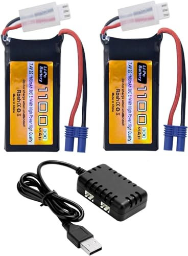 Lot de 2 batteries Lipo 7,4 V 1100 mAh 2S avec prise EC2 et chargeur 2 en 1 pour véhicule tout-terrain UTB18 à quatre roues motrices tout-terrain haute performance