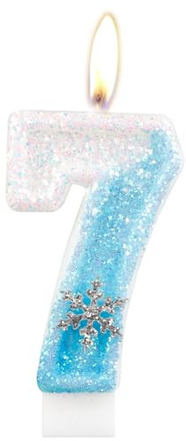 Geburtstagskerzen, glitzernde Zahlenkerze zum 7. Geburtstag, Schneeflocke, Zahl 7, Kerzen für Kuchen, blau-weiße Eiskönigin Kuchen-Kerzen, Toppers für Mädchen, Geburtstagsdekorationen, Partyzubehör