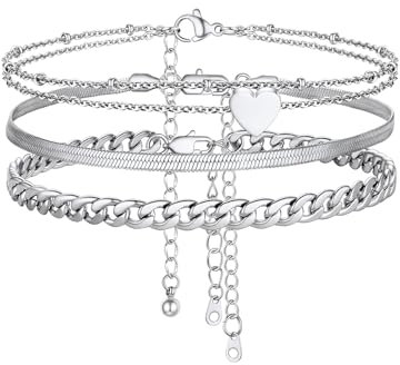 FOCALOOK 3 Pièces Bracelets Cheville en Acier Inoxydable - Chaîne de Pied Maille Gourmette 5mm, Maille Mirroir 3mm avec Double Coeur