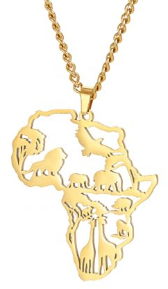 EUEAVAN Afrika Karte Halskette für Männer Afrikanische Tiere Afrikanischer Stammesanhänger Afrika Mutterland Kontinent Umriss Halskette Ethnischer Schmuck für Jungen
