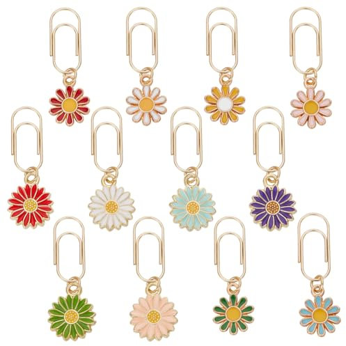 OLYCRAFT 12 Stück Büroklammern Mit Gänseblümchenmotiv 35~38mm Metall Büroklammer Mit Emaille Blumenanhänger Aus Legierung Büroklammer Lesezeichen Zum Sortieren Und Organisieren 12 Stile
