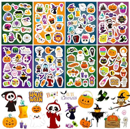 JULMELON 240 Stück Halloween Aufkleber Halloween Vinyl Stickers | 16 Blatt, 8 Stile, Fledermaus, Spinnen, Kürbis Aufkleber für Halloween Party DIY Craft Geschenktüten Kinder