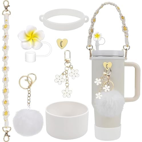 DONGZQAN Cup Zubehör Set, 7 Stück Cup Accessories, Strohhalm Abdeckung, Wasserflasche Griff Riemen, Siliocne Cup Stiefel, Wasserflasche Griff Riemen für Stanley Cup (White)