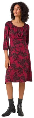Roman Originals Women Gathered Chest Dress Ladies Stretchy Fit & Flare Swing Tea A Line Skater Knee Length Long Sleeve Midi Smart Casual Work Going Out Cocktail Party - Wine Black - Size 18