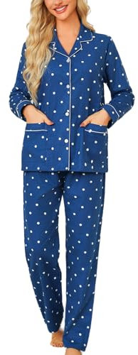 ENJOYNIGHT Schlafanzug Damen Lang Baumwolle Flanell Pyjama Set Zweiteiliger Nachtwäsche Langarm Knopfleiste Lounge Set (Large,Blaue Tupfen)