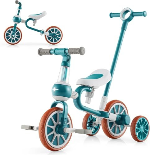 FANTASK 4 in 1 Kinder-Dreirad & Balance-Bike für Kinder von 2-4 Jahren, Kinder-Schubfahrrad in grün mit verstellbarem Schiebegriff und abnehmbaren Pedalen
