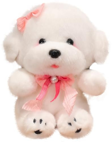 Asudaro Bichon Frise Plüschtier, 35cm Bichon Hund sitzend Plüschtier Plüsch-Hund Haustier Plüschtier Kuscheltier mit grünem Schal/rotem Sweatshirt/rotem Rock/rosa Schleife/blauem Rock