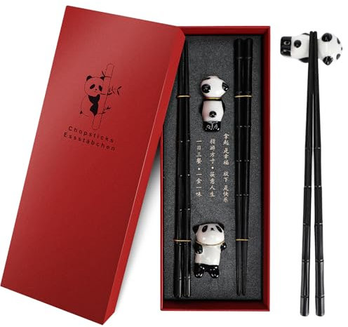 2 Paar Essstäbchen mit 2 Panda Keramik Stäbchen Halter, Wiederverwendbare Fiberglas, Spülmaschinenfeste, Rutschfeste Essstäbchen, 24 cm, Chinesisches Geschenkset