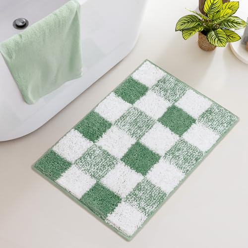 GRANNY SAYS Bath Rug 40 x 60 cm, Checkered Green Bathroom Mat, Non Slip Bathroom Mats Washable, Super Absorbent Bathmat, Plush Soft Bath Rugs for Floor Decorative