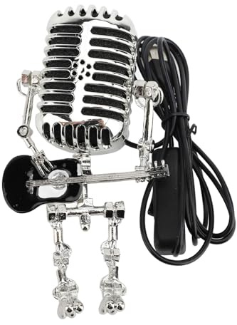 SUPYINI Mic Rockbot, Vintage Mikrofon Gitarre Roboter Tischlampe, Aluminium Retro Metall Roboter Nachtlicht für Schlafzimmer Schreibtisch Home Decor (Schwarz)