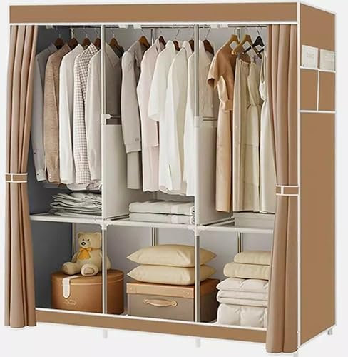 SJK Canvas Wardrobe, Portable, 3 Hanging Sections, 3 Storage Areas, Side Bags, 50.4L x 17.7W x 67H