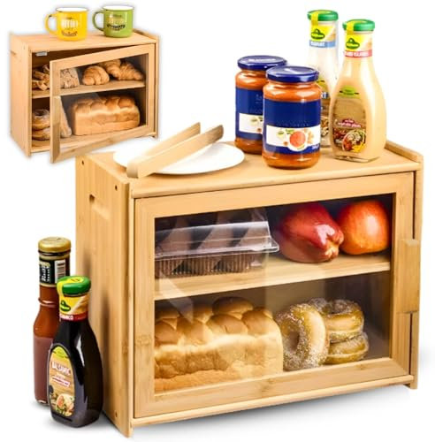 ZOLTA - Brotkasten 40x31x20 cm - Lebensmittelecht - Schrank Regal Vitrine Für Küche - für Brötchen und Gebäck - Brotbox mit Regal - Natürlich Bamboo - Universal Organisator Gewürzregal