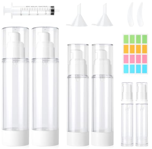 MirraSwit 6 Piezas Bote Airless Dispensador de Bomba, 10ml/50ml/100ml Dispensador de Crema, Botella de Presión de Vacío, con Jeringas, Pegatinas, Embudos, Cucharas de Raspado para Viajes, Lociones