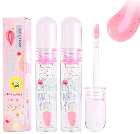 2PCS Crystal Flower Color Changing Lipstick Magic Lip Oil from Clear to Pink Lip Stain Serum Non-sticky & Hydrating Lips Gloss Moisturizer for Dry Lips
