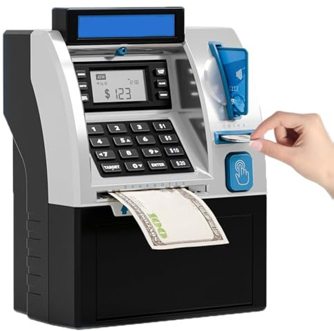 Tenkaybox, Tenkaybox Smart ATM Piggy Bank, Elektronische Digitale Spardose, Automatischer ATM Saving Bank für Scheine & Münzen, Mini ATM Digitale Sparschwein Tresor Kinder (Schwarz)