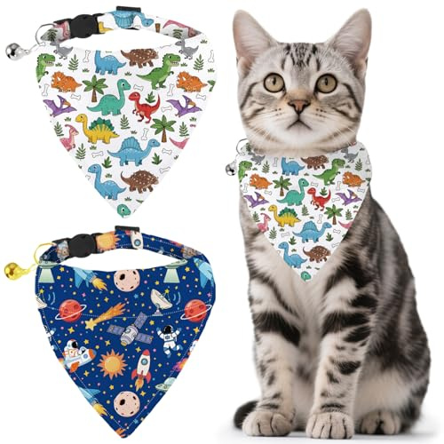 GLOBLELAND 2er Set Lustig Katzenhalsband 2in1 abnehmbarem Bandana Glocke | Dinosaurier Raumschiff Bandana Katzenhalsband 25-30 cm Bandana 9,5–10 cm für Kitten Katzen und kleine Hunde