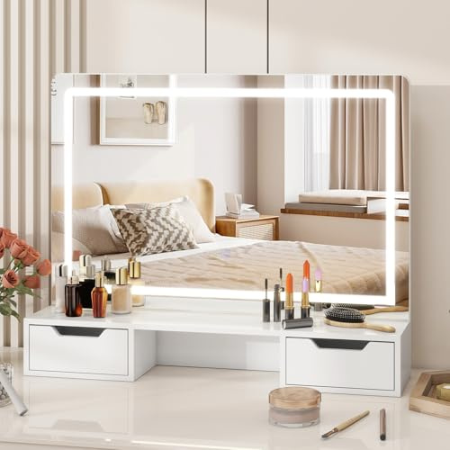 eklipt Hollywood Vanity Mirror with Lights, 82cm LED Makeup Mirror with Touch Control, Dimmable Lighting with 3 Color Modes, 2 Storage Drawers, Anti-Topple Design for Bedroom
