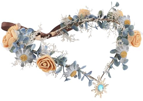 MOSTORY Blumen Elfen Kopfschmuck für Waldfee Kostüm, Feen Krone mit Sonne Gänseblümchen und Rosen für Blumenkranz Haare Cosplay Karneval Kostüm Damen