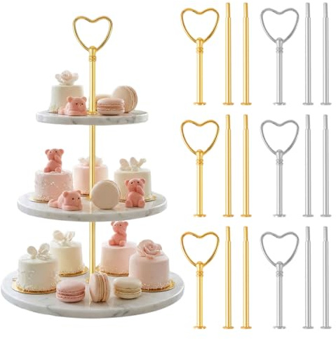 6 Set Etageren Stangen Set, Etagere Bausatz, Metallstangen Etagerenhalter Mittellochausstech 2 bis 3 stufig für Hochzeitstorte Tortenhalter Tortenständer Torten Etagere 3 etagen, Gold und Silber(Herz)