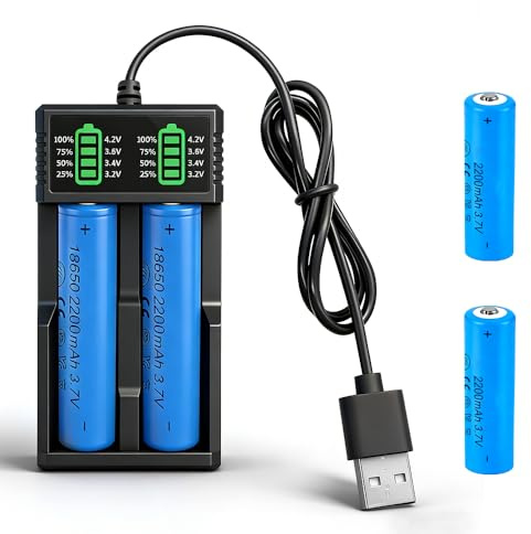 NAVESO Battery Charger Set with 2 Pack 3.7V 2200mAh Li-ion Battery, Rechargeable Battery with USB Charger 3.7v 2200mAh, USB 2 Slot Charger with LCD Display Smart for Flashlight, Small Fan, Radio