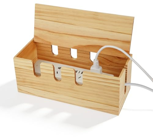 Kabelbox Holz, Kabelmanagement Box mit Seitlichen Zugängen Kabel Organizer Box mit Deckel, Kabel Verstecken Box zum Verstauen von Steckdosenleisten Ladeadaptern Kabel Verstecken Schutz (Holzfarbe)