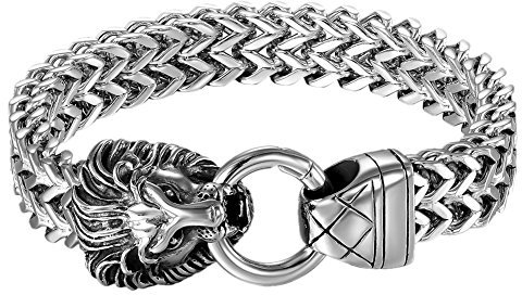 Cupimatch Herren Edelstahl Armband, Löwe Kopf Ring Breite Schwere Edelstahl Fahrradkette Biker Motorradkette Hochglanz Poliert Rock Link Königskette Panzerkette Armreif, silber schwarz