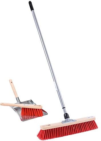 BawiTec Qualitäts Straßenbesen Kehrset 40cm Breit Kehrgarnitur mit Teleskopstiel verstellbar max. 200cm rote Elaston-Kunststoff-Borsten inkl. Handfeger 28cm Metall-Kehrblech mit Holzgriff Besen Set