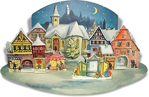 Papier Adventsalender Kleine Stadt im Mondschein, nostalgischer Weihnachtskalender für Erwachsene und Kinder.