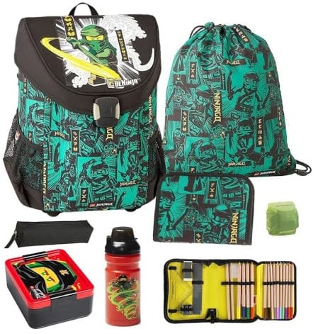 Familando Lego Schulranzen-Set Easy Green Ninjago Schultasche 7tlg. mit Federmappe Brotdose und Trinkflasche