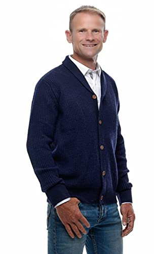 UGHOLIN Cardigan Gilet 100% Cachemire Col Châle Homme L Bleu Marine