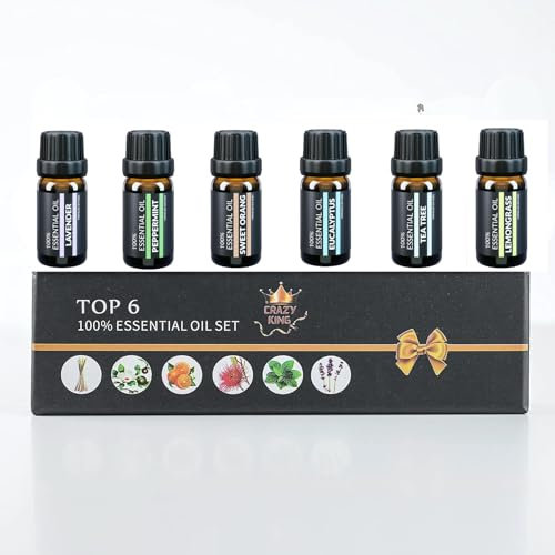 Crazy King Oli Essenziali Per Diffusori 6x10 ML Essenze Naturali Diffusore Aromaterapia Olii Essenziali Puri, Profumatore Per Ambienti Elettrico E Vaporizzatore, Con Lavanda,Arancia,Eucalipto,Tea Tree