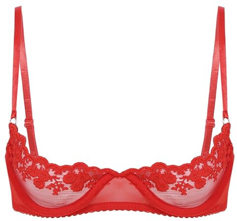 inlzdz Reggiseno Aperto Erotico Donne Sexy Hot Bra Brasiliana in Pizzo Floreale Trasparente Balconcino Bikini Bra Push Up Donne Lingerie Crop Top Underwear Regolabile Rosso M