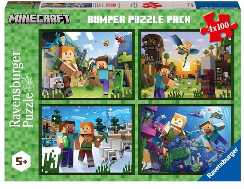 Ravensburger - Minecraft Jigsaw Puzzle, Bumper Pack 4 x 100, Gift Idea for Children Age 5+, Educational and Stimulating Game, 4 Jigsaw Puzzles of 100 Pieces, 36 x 26 cm
