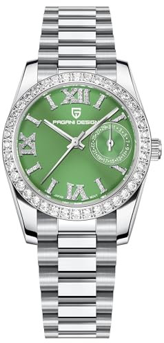 Pagani Design Frauen Elegante Quarzuhr, Luxus Diamanten Armbanduhr für Frauen, Edelstahl, Datum (Grün)