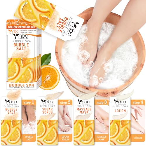 nbc BeautiLab Fußmaske: Blasensalz, Zuckerpeeling, Massagemaske, Massagelotion in einer Box, 4 Schritte Fußpflege zur Entfernung von Hornhaut, Fussbad Zusatz für Rockene Füße (1 Set, Orange)