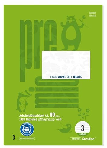Staufen premio Arbeitsblätterblock - Lineatur 3, DIN A4, 50 Blatt 90 g/m², 21 Doppellinien, 1 Block